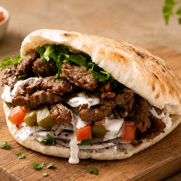 A pita bread sandwich filled with meat, lettuce, tomatoes, pickles, and white sauce on a wooden board.