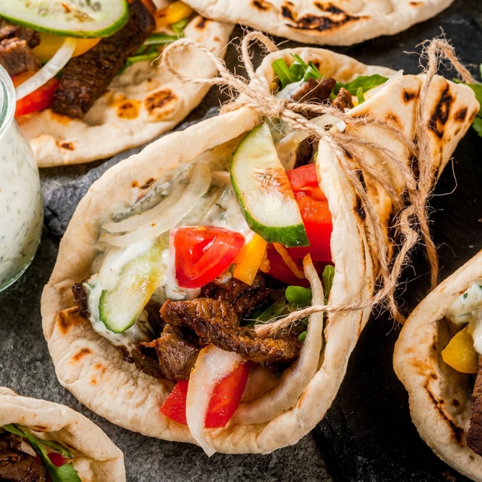 Multiple pita wraps with grilled meat, fresh vegetables, and creamy tzatziki sauce, plus a jar of dip.