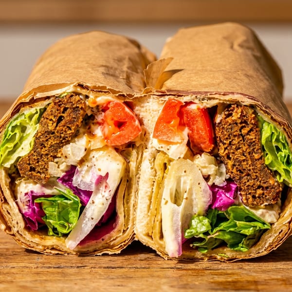 Falafel wrap cut in half, displaying crispy falafel, fresh lettuce, tomatoes, and sauce on wood.