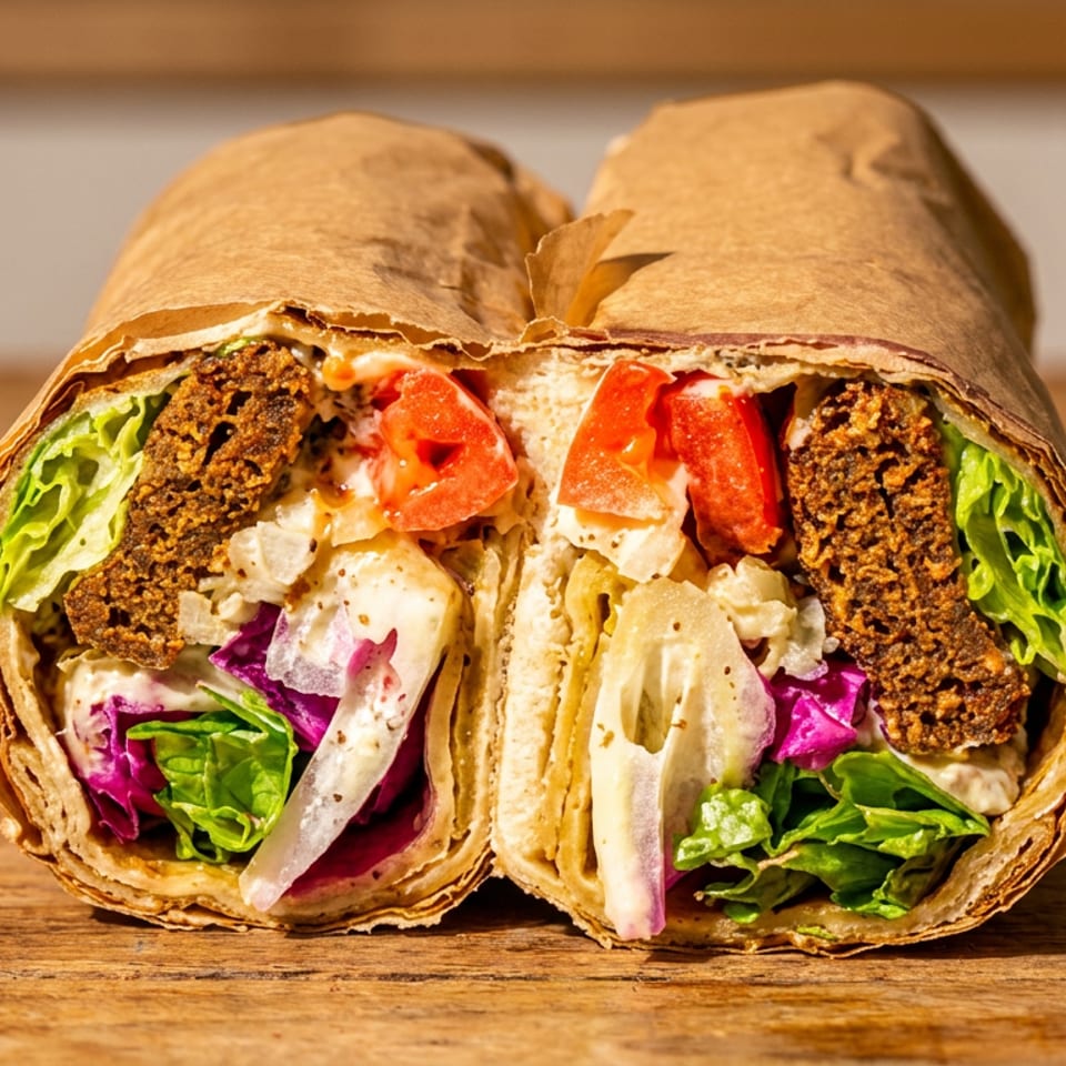 Falafel wrap cut in half, displaying falafel, lettuce, tomatoes, and sauce on a rustic wooden table.