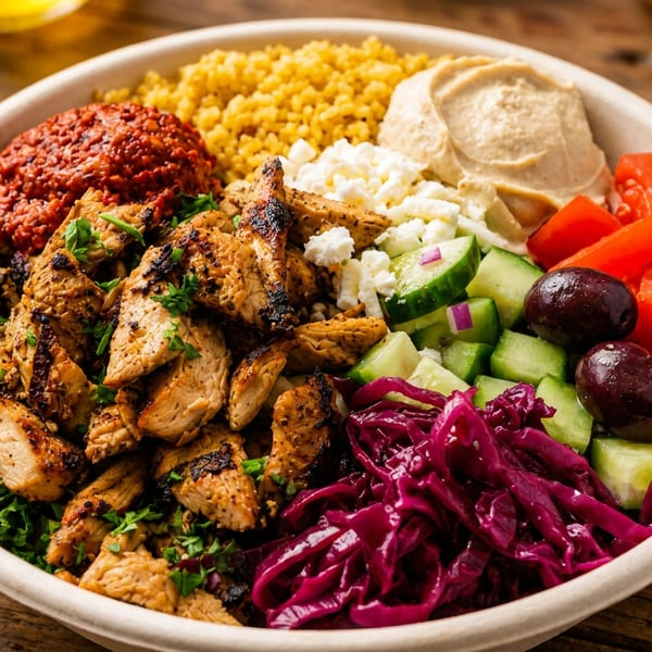 Colorful Mediterranean bowl with grilled chicken, hummus, couscous, vegetables, and feta cheese.