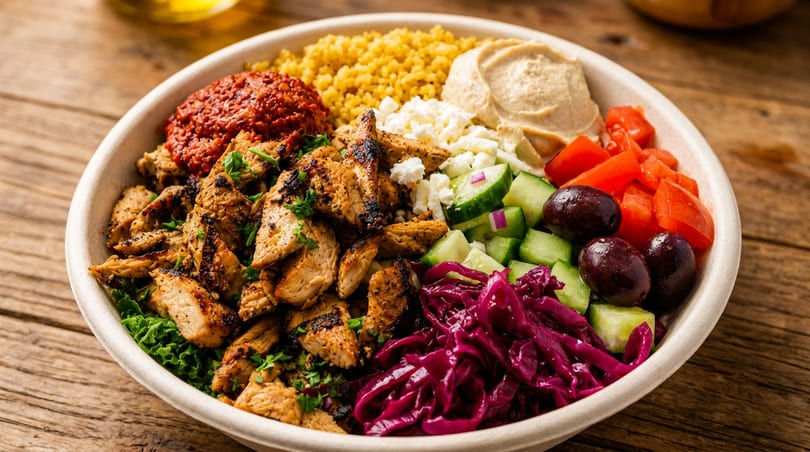 A vibrant Mediterranean bowl with grilled chicken, hummus, couscous, feta, and fresh vegetables.