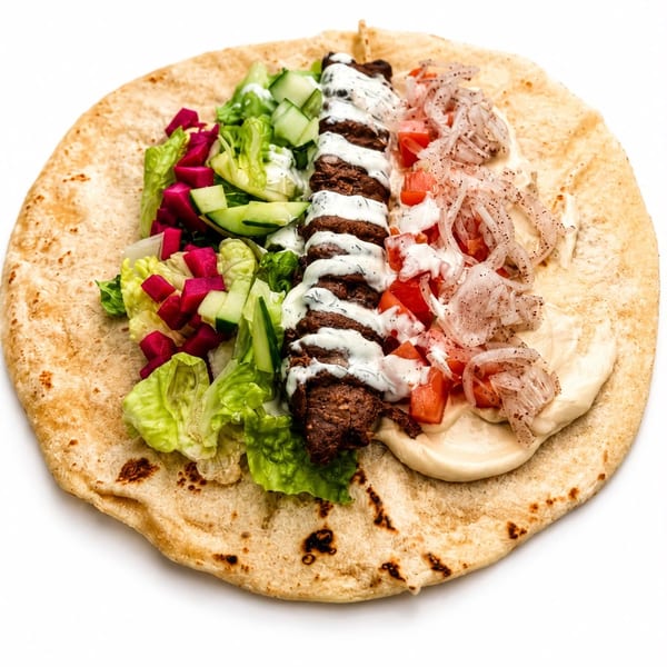 Fresh Mediterranean dish with grilled protein, vegetables, and house sauces served over a warm base.