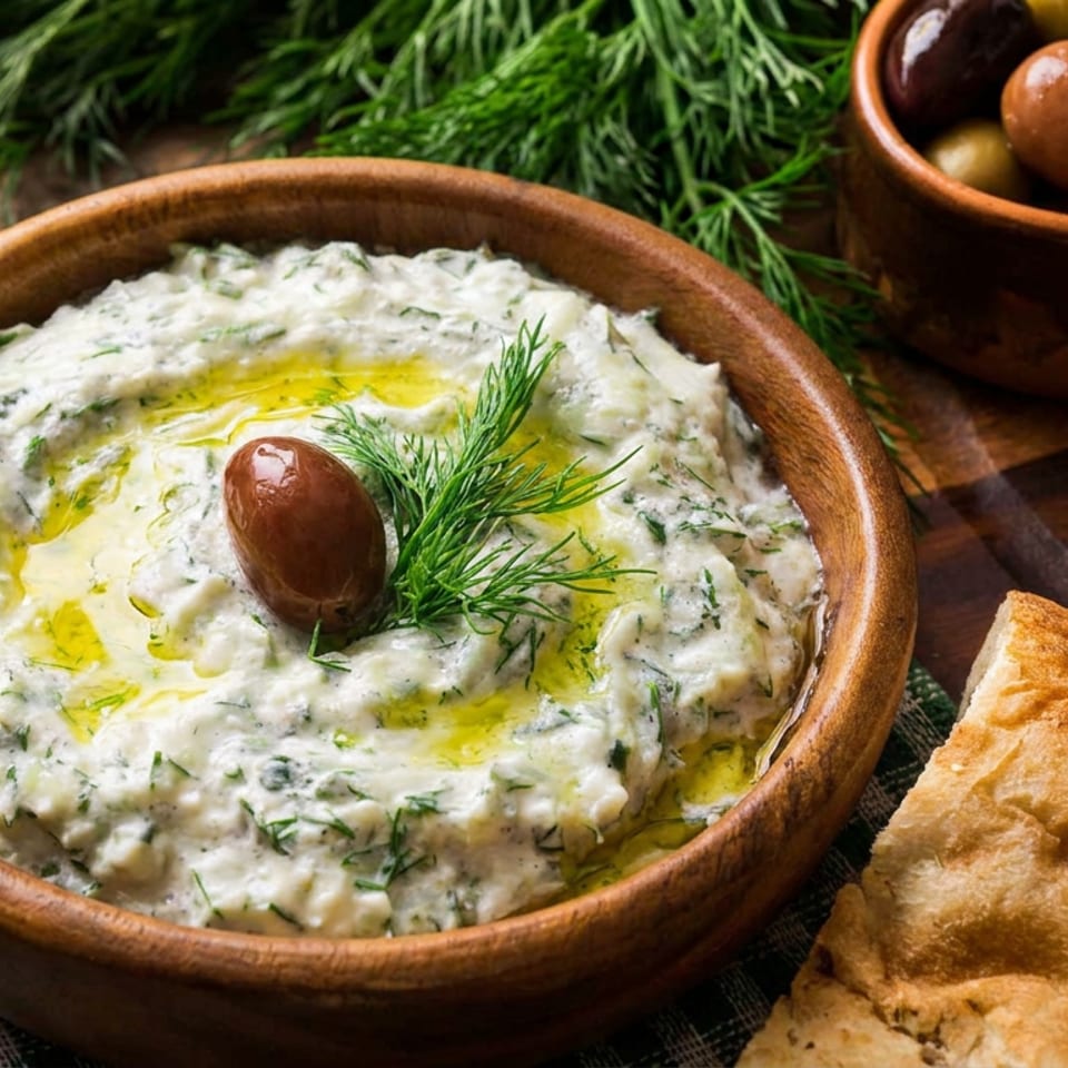 Mediterranean spread featuring a creamy dip, pita bread, feta cheese, and olives.