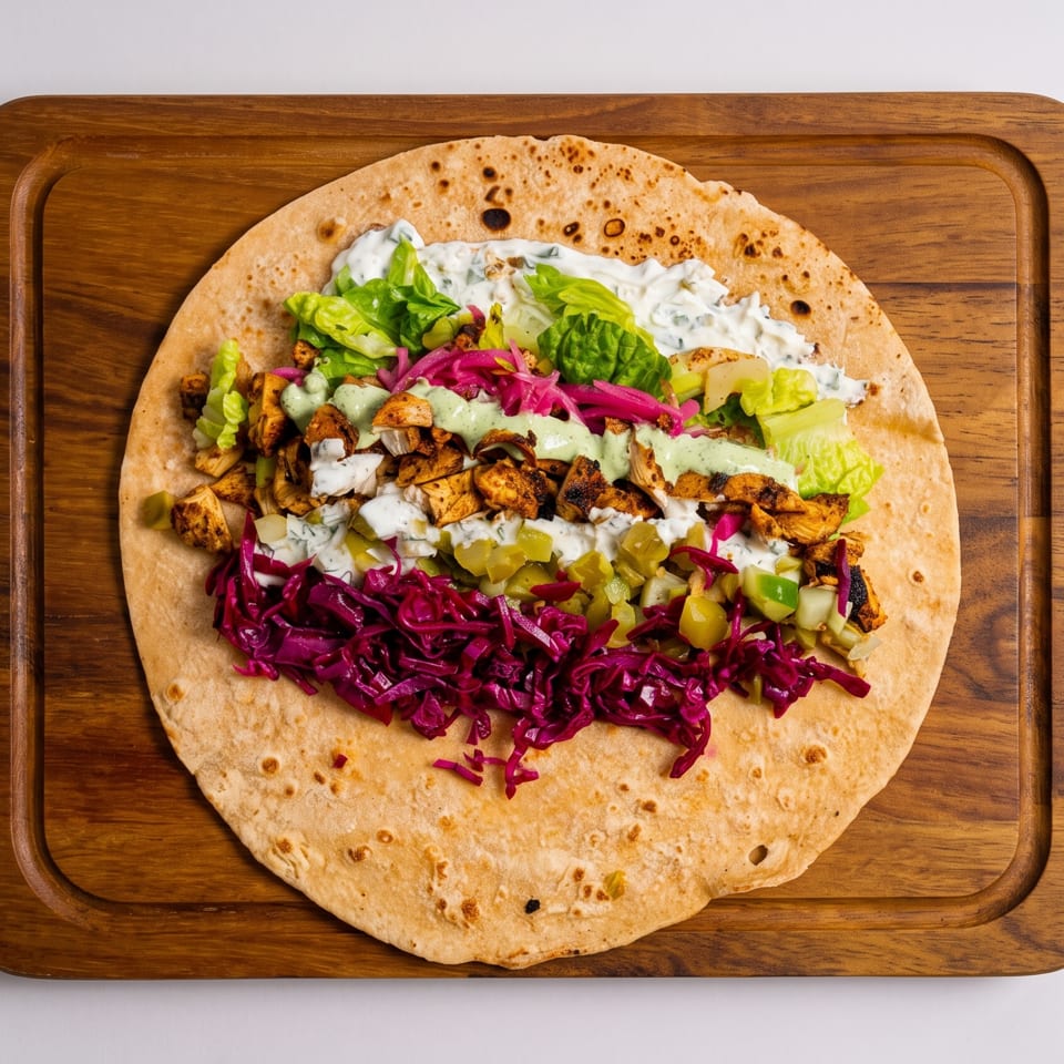 Open chicken wrap with lettuce, red cabbage, pickles, and sauces on a wooden board.