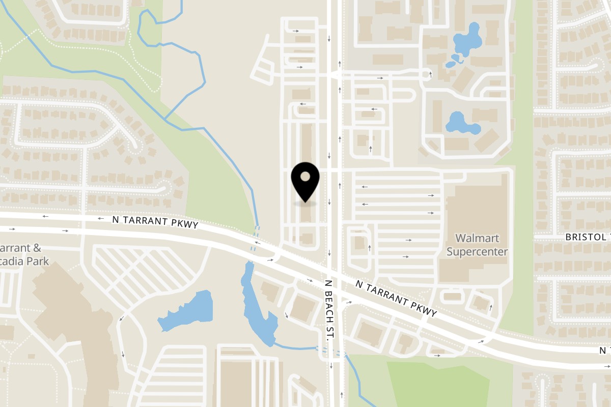 Map showing the location of GYROVA Fort Worth on 8561 N Beach St in Fort Worth